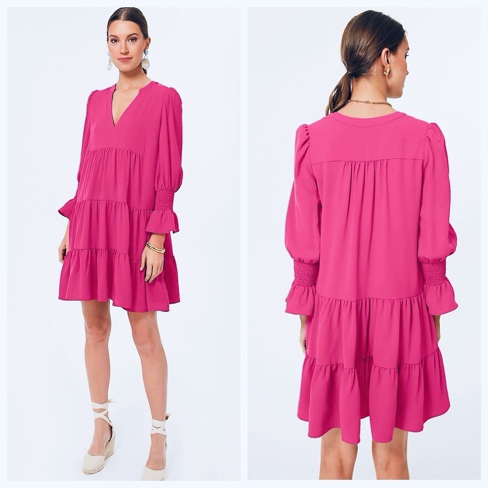 Tuckernuck Pomander Place Kenzo Tiered Dress Sz XL Pink Crepe V Neck Long Sleeve